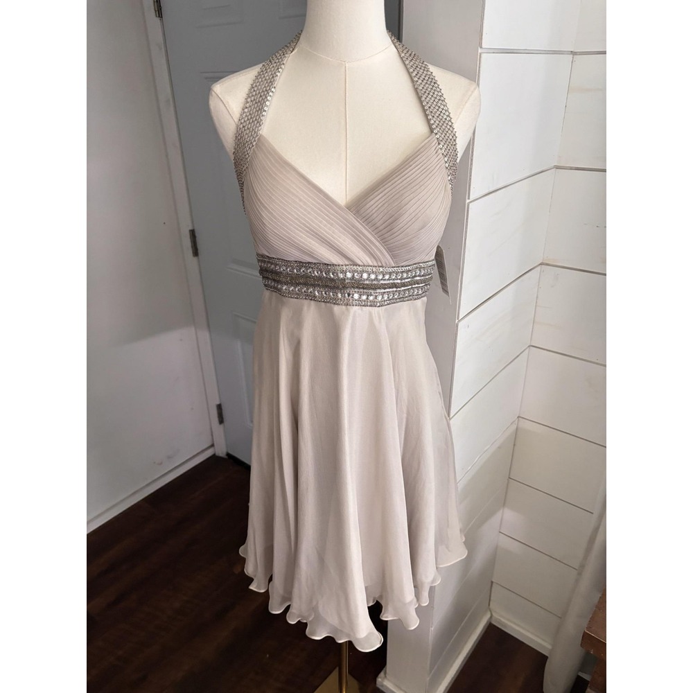 Scala Dress Womens Small Gray Silk Halter Sequin Mini Cocktail Formal 90s Y2K